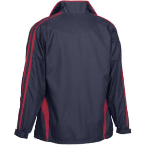 A navy blue jacket with red stripes on the sides and sleeves, featuring a logo on the back.