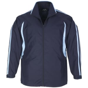 A track jacket in navy blue with light blue stripes, featuring a zip front and a collar. It has a logo on the chest.