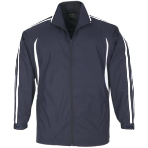 A navy jacket featuring white stripes on the sleeves and a zip-up front. It has a logo on the chest.