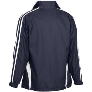 A navy blue track jacket with white stripes on the sides and a logo on the back.