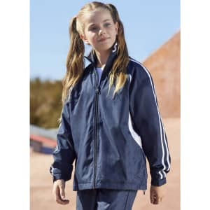 A track jacket for kids in navy blue with white stripes, featuring a logo on the chest and a zip closure.
