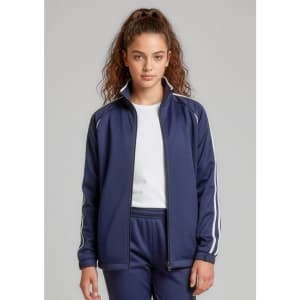 A navy track jacket with white stripes, featuring a full zip and a high collar, modelled by a young girl.