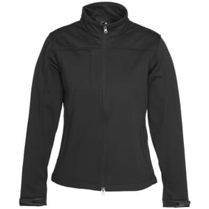 A women's softshell jacket in black featuring a zip front and high collar, with a pocket on the chest and no visible branding.