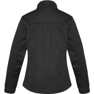 A women's softshell jacket in black, featuring a simple design and a branded logo on the back.