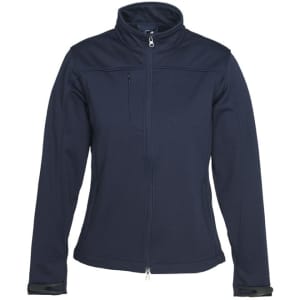 A navy women's softshell jacket featuring a zip closure and a chest pocket. It has a logo on the sleeve.