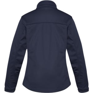 A navy women's softshell jacket with a high collar and long sleeves, featuring a logo on the back.