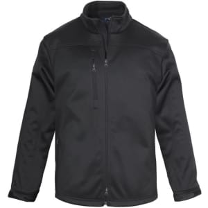 A black men's softshell jacket featuring a full front zipper, stand collar, and multiple pockets.