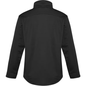 A black men's softshell jacket featuring a high collar and long sleeves, with a logo on the back.