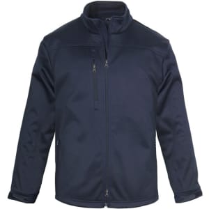 A navy blue men's softshell jacket featuring a full zip, high collar, and one zip pocket on the chest.