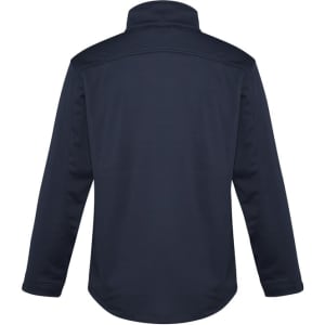 A navy men's softshell jacket featuring a high collar and long sleeves, with a logo on the back.