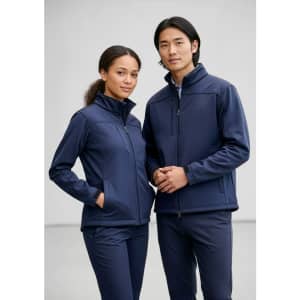 A navy men's softshell jacket displayed on a male and female model, both wearing coordinating attire.