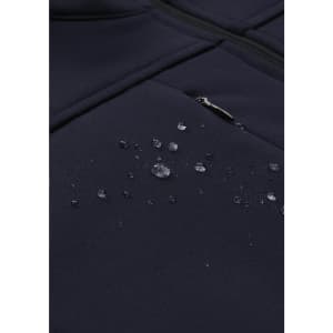 A navy men's softshell jacket with droplets of water on the fabric, showcasing its water-resistant properties.