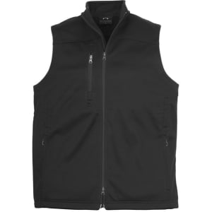 A black softshell vest featuring a zip front and two side pockets, with a logo on the chest.