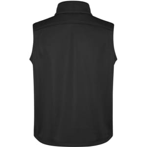 A black men's softshell vest with a high collar and no sleeves. It features a logo on the back.