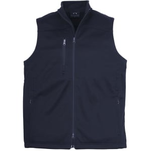 A black softshell vest featuring a high collar and zippered pockets, with a logo present.