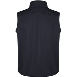 A black men's softshell vest with a high collar and no sleeves, featuring a logo on the back.