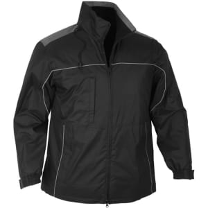 A black unisex jacket with a zip front, elastic cuffs, and reflective detailing. It features a logo on the chest.