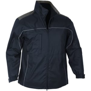 A unisex black jacket with a zippered front, elastic cuffs, and a reflective design element, featuring a logo.