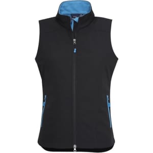 A black women's vest featuring blue accents, a high collar, and zippered pockets, with a logo.