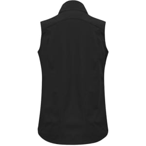 A black women's vest with a fitted design and collar, featuring a logo on the back.