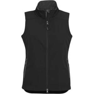 A black women's vest featuring a zip front and two side pockets, with a collar and a logo.