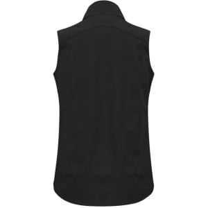 A black women's vest with a sleek design and a collar, featuring a logo on the back.