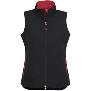 A black women's vest with a red inner lining and zippered pockets, featuring a front zip and a sporty design.