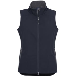 A navy women's vest with a zip front, featuring a high collar and side pockets. It has a logo on it.