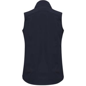A navy women's vest with a collar and a fitted design, featuring a branding logo.