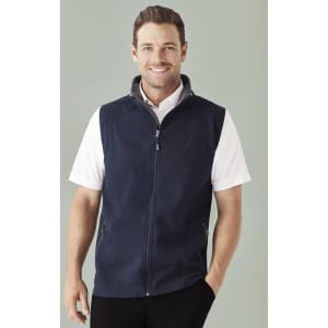 A navy vest featuring a zippered front, two side pockets, and a grey inner lining, with a logo present.