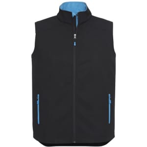 A black vest with a blue inner lining, featuring a full zipper and two zippered pockets, with a logo.