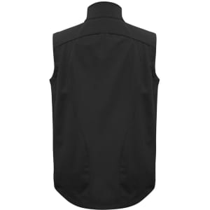 A black men's vest with no sleeves, featuring a simple design and a collar at the neck.