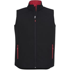 A black vest with a red inner collar and zippered pockets, featuring a zipper front and no sleeves.