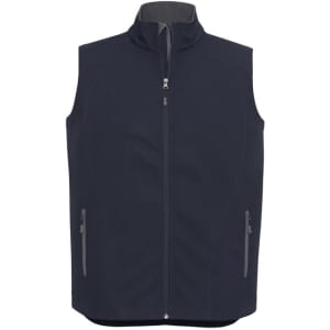 A men's vest in navy featuring a zip front, high collar, and zippered side pockets. It has a branding logo.