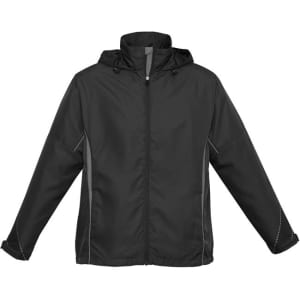 A unisex black razor jacket with a hood and contrasting grey detailing, featuring an attached logo.
