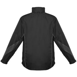 A black unisex jacket with a high collar and reflective detailing along the sleeves. It features a logo.