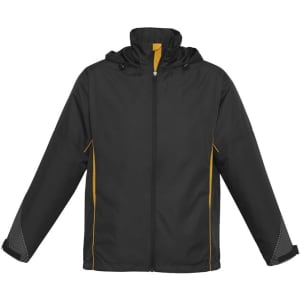 A black unisex jacket with yellow accents and a hood, featuring long sleeves and a zip front, including a logo.