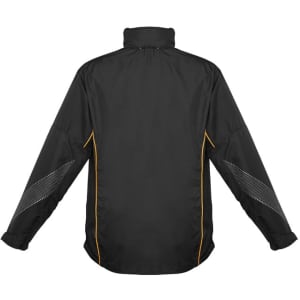 A unisex black jacket featuring yellow accents and a logo, designed for various outdoor activities.