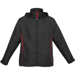 A black unisex jacket with a hood, featuring red accents along the sides and a zipper front. It has a logo.