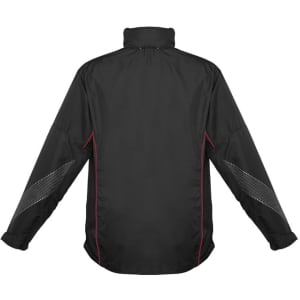 A black unisex jacket featuring red accents and reflective detailing, with a high collar and long sleeves.