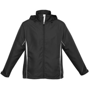 A black unisex jacket with a hood, featuring white accent details and a front zip. It has a logo.