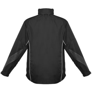 A black unisex jacket with long sleeves and reflective detailing, featuring a logo on the design.