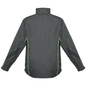 A unisex jacket in dark grey with green accents, featuring a high collar and long sleeves.