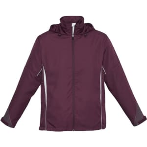 A unisex jacket in dark burgundy with a hood and white accents, featuring a logo.