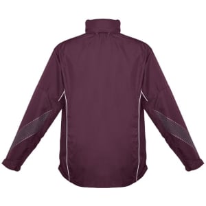 A maroon unisex jacket with a high collar, featuring white contrasting details and a logo.