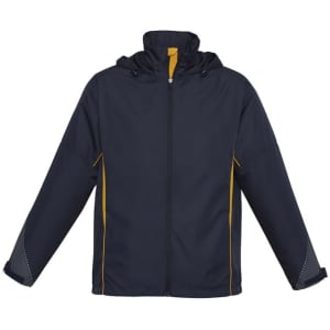 A unisex jacket in navy with yellow accents, featuring a hood and a logo on the front.