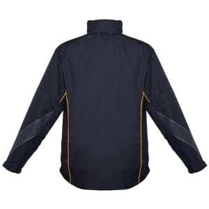 A unisex black jacket with yellow accents and reflective detailing, featuring a high collar and long sleeves.