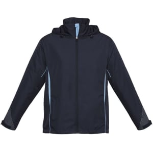 A unisex jacket in navy blue with light blue accents, featuring a hood and zip-up front, and has a logo.