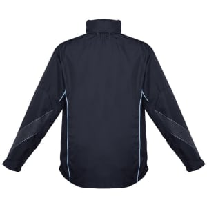 A unisex black jacket featuring light blue accents, designed with long sleeves and a high collar. It has a logo.