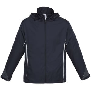 A unisex black jacket featuring a hood, zip closure, and white piping on the sides. It has a branding logo.